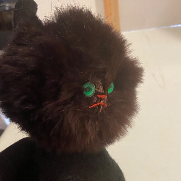 Vtg Mid-Century Black Cat Plush Real Fur Fluffy Face Green Button Eyes 8”x9.5” - Picture 7 of 9
